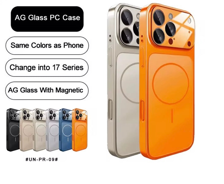 AG Matte Glass Back Panel Magnetic Orange Phone Case for Iphone 17 16 15 14 13 series with Lens Film protective cover