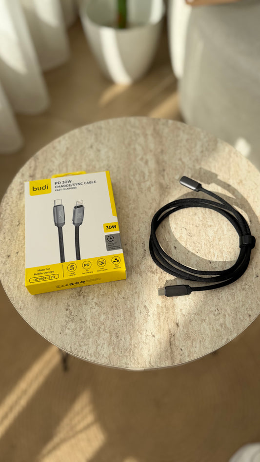 BUDI Type-C to Lightning PD 30W Charger Sync Cable – 1.2m