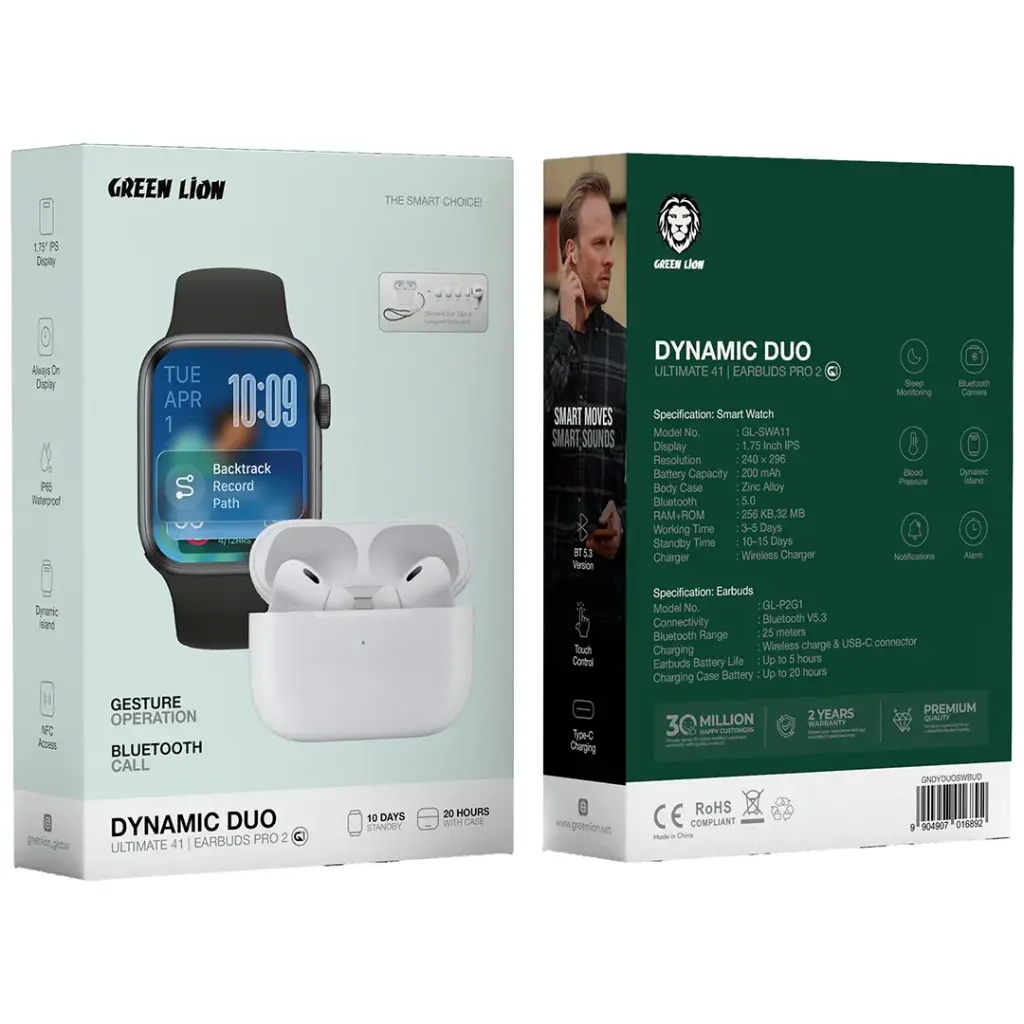 Green Lion Dynamic Duo 41mm Smart Watch & Earbuds Pro 2 - Black